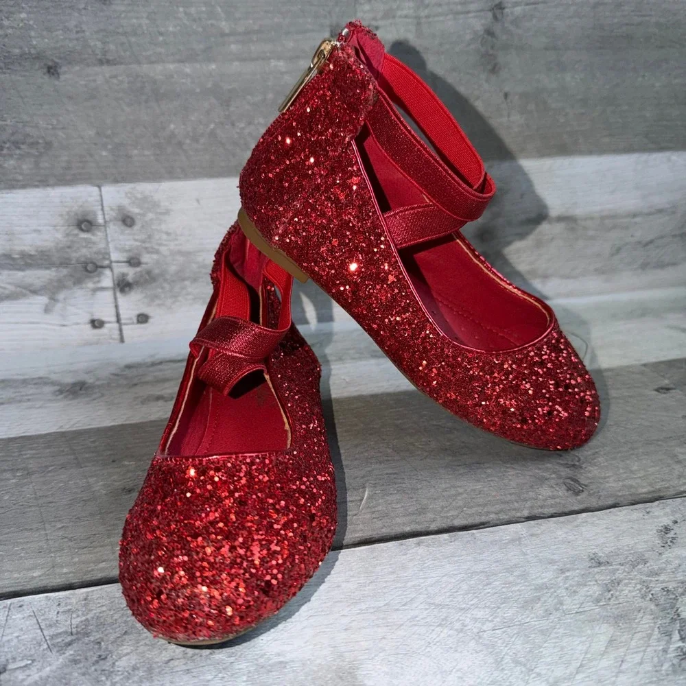 Nova Utopia Girls Red Glitter Ballet Flats Elastic Cross Strap Shoes Size 10